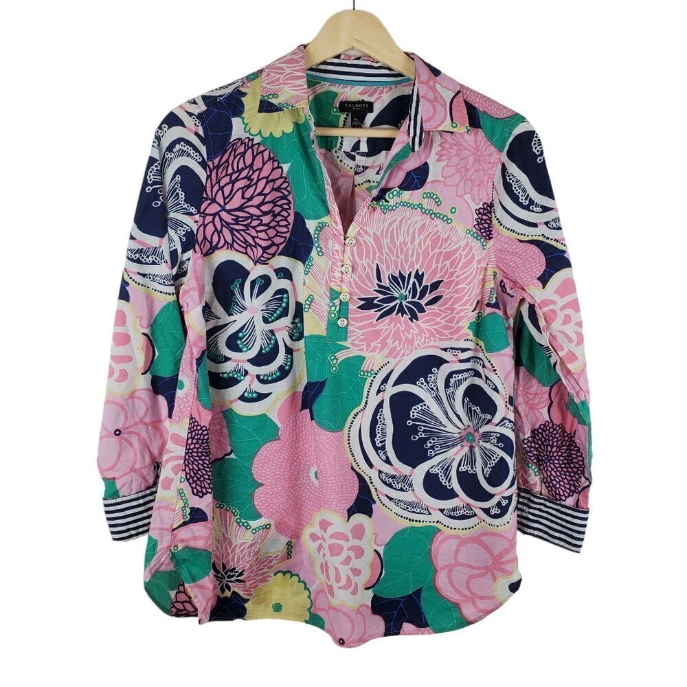 Talbots Medium Petite Pink Blue Tropical floral Popover Blouse Collared long Sle